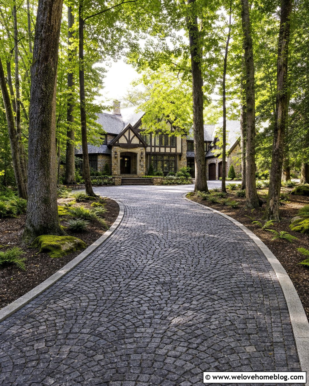 Cobblestone Driveway Through Tall Trees - 20 Driveway Through Woods Ideas