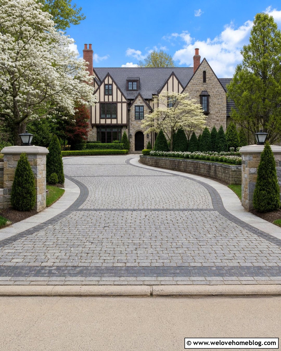 Cobblestone Driveway With A Courtyard Layout - 25 Natural Stone Driveway Ideas