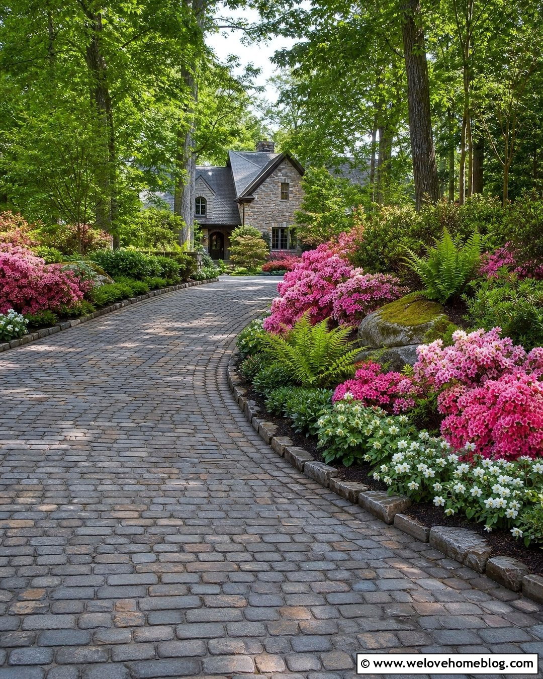 Cobblestone Driveway With Azalea Borders - 25 Flower Driveway Ideas