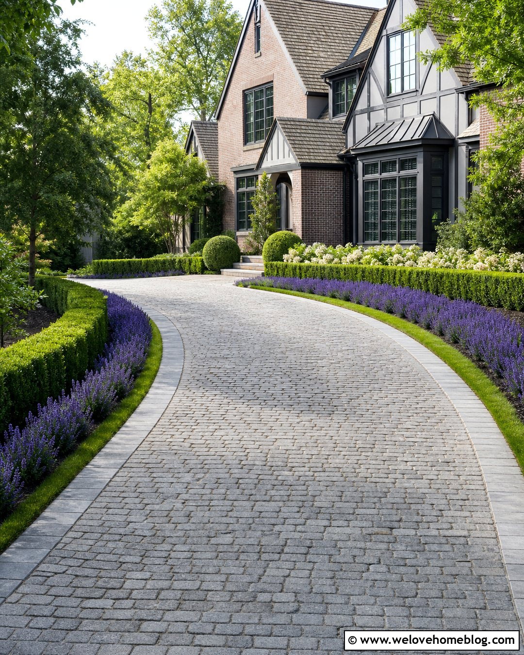 Cobblestone Driveway With Boxwoods And Lavender - 20 boxwoods along driveway ideas