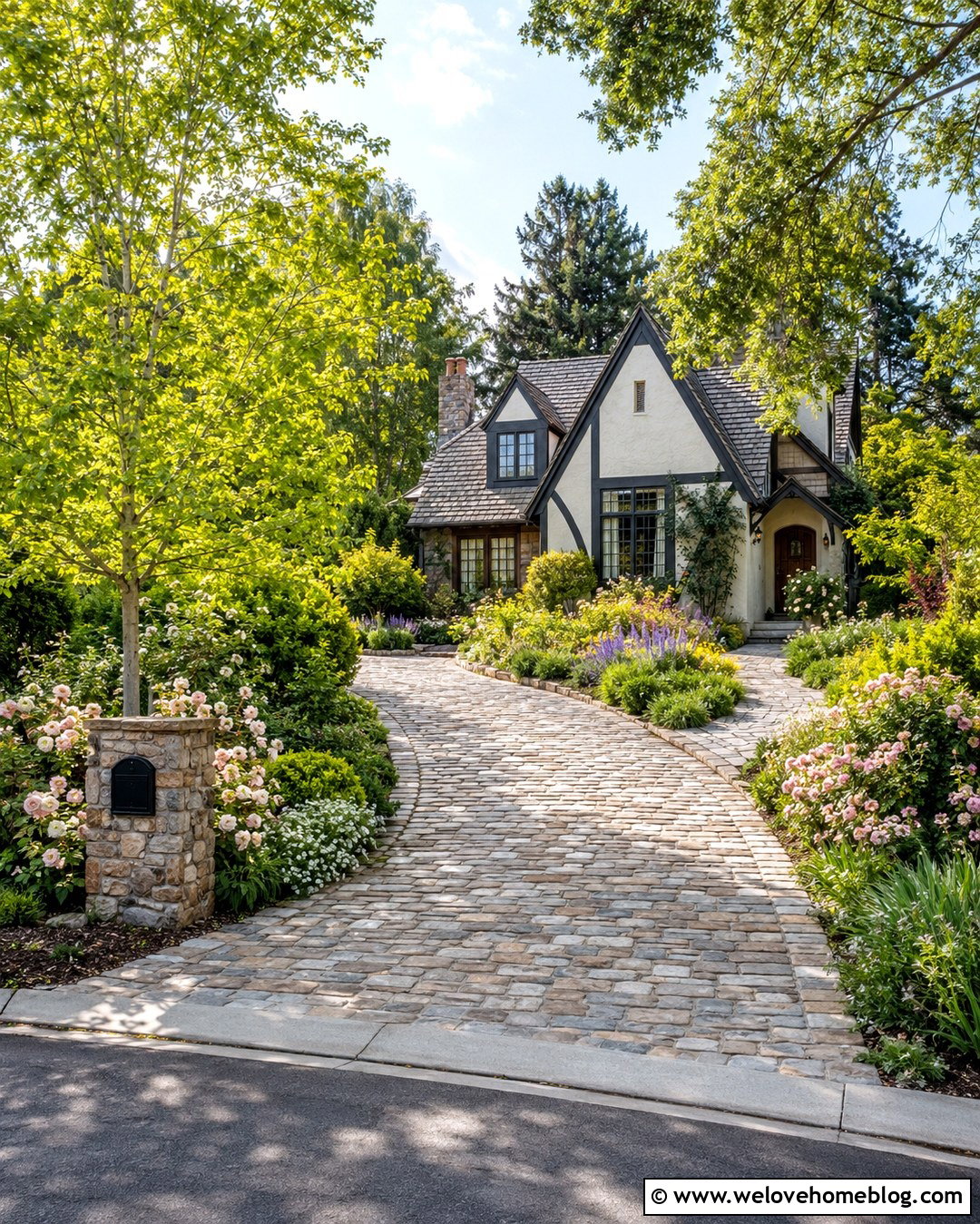 Cobblestone Driveway With Cottage Garden Beds - 20 Sunlit Driveway Landscaping Ideas
