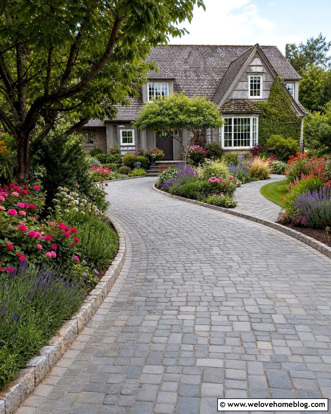 Cobblestone Driveway With Cottage Garden Borders - 20 landscaping driveway ideas