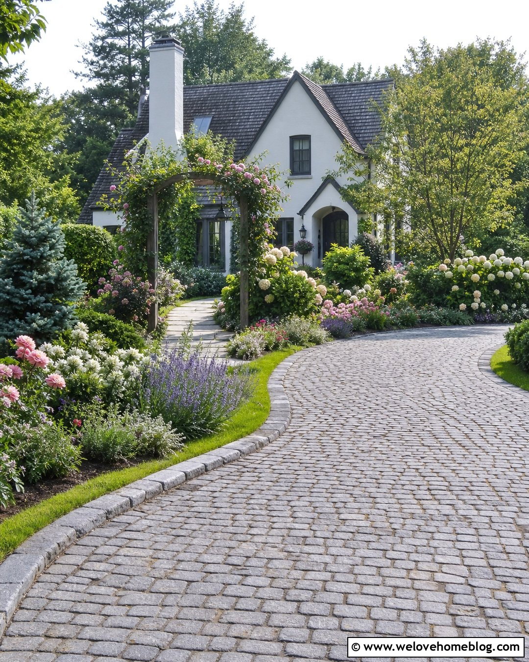 Cobblestone Driveway With Cottage Landscaping - 25 Front House Driveway Ideas