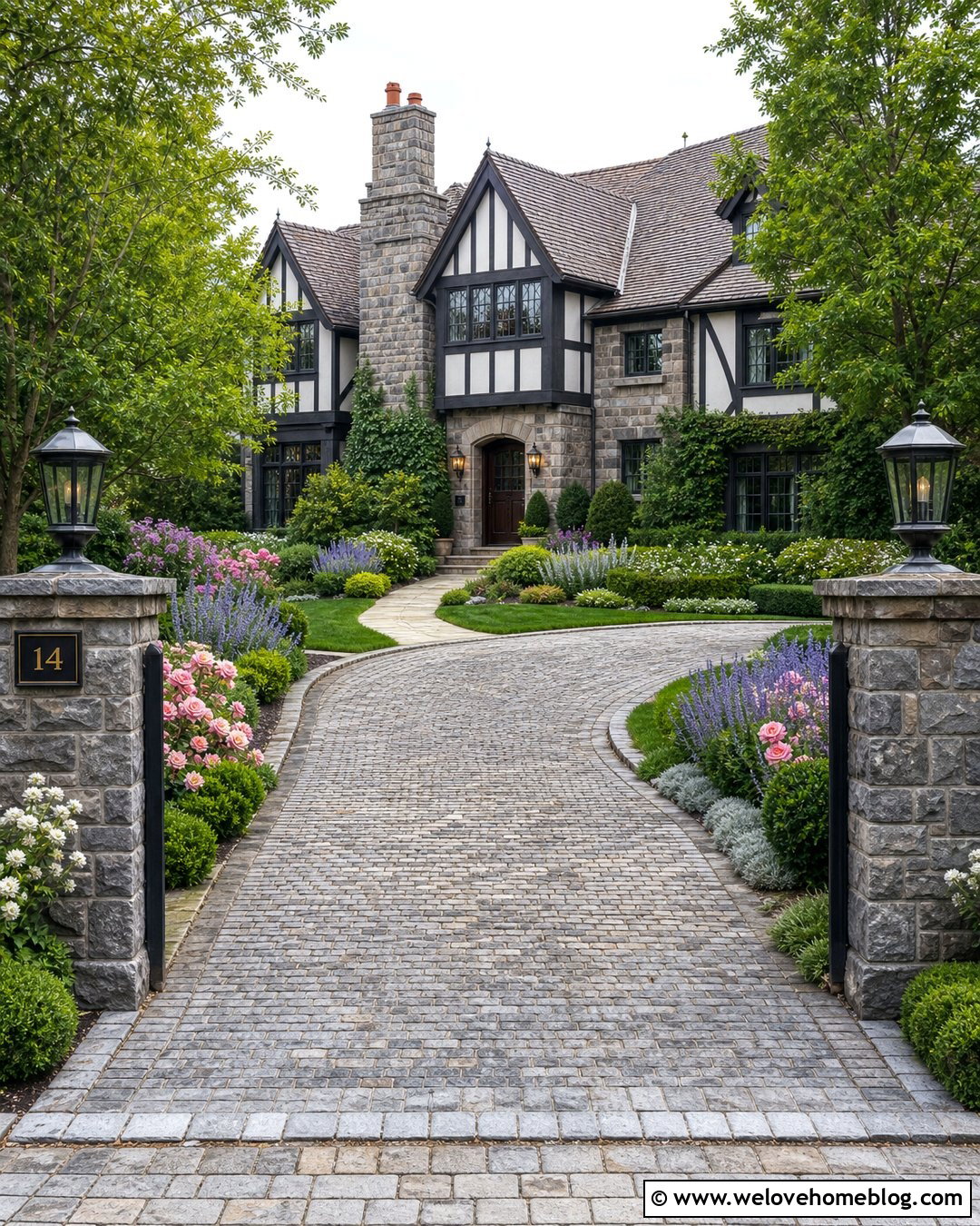 Cobblestone Driveway With English Garden Borders - 20 Driveway And Garden Ideas