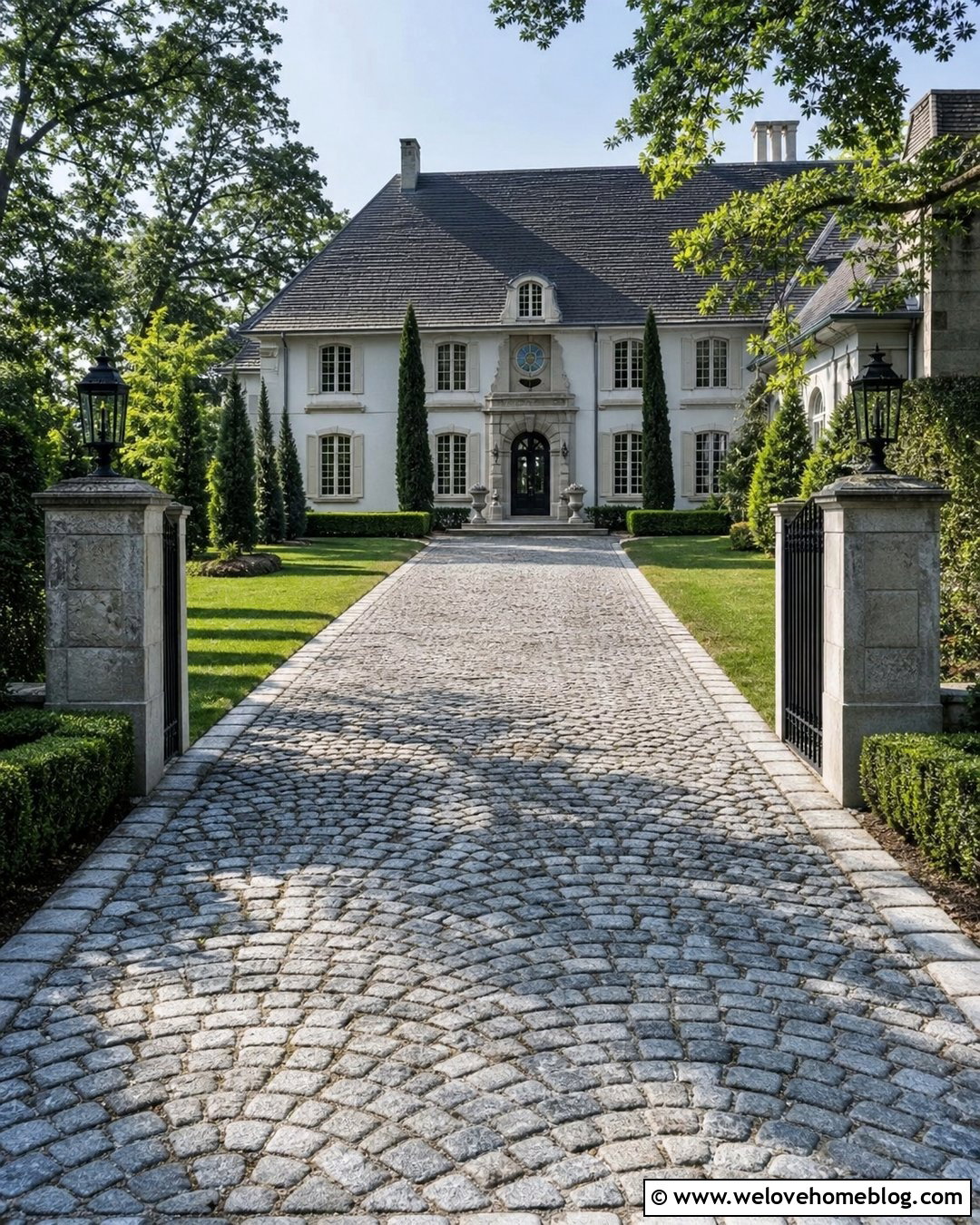 Cobblestone Driveway With Formal Hedges - 45 Driveway Design Ideas