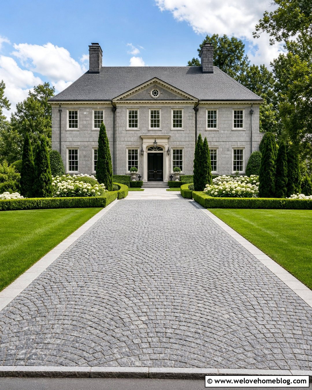 Cobblestone Driveway With Formal Hedges - 50 Driveway Ideas