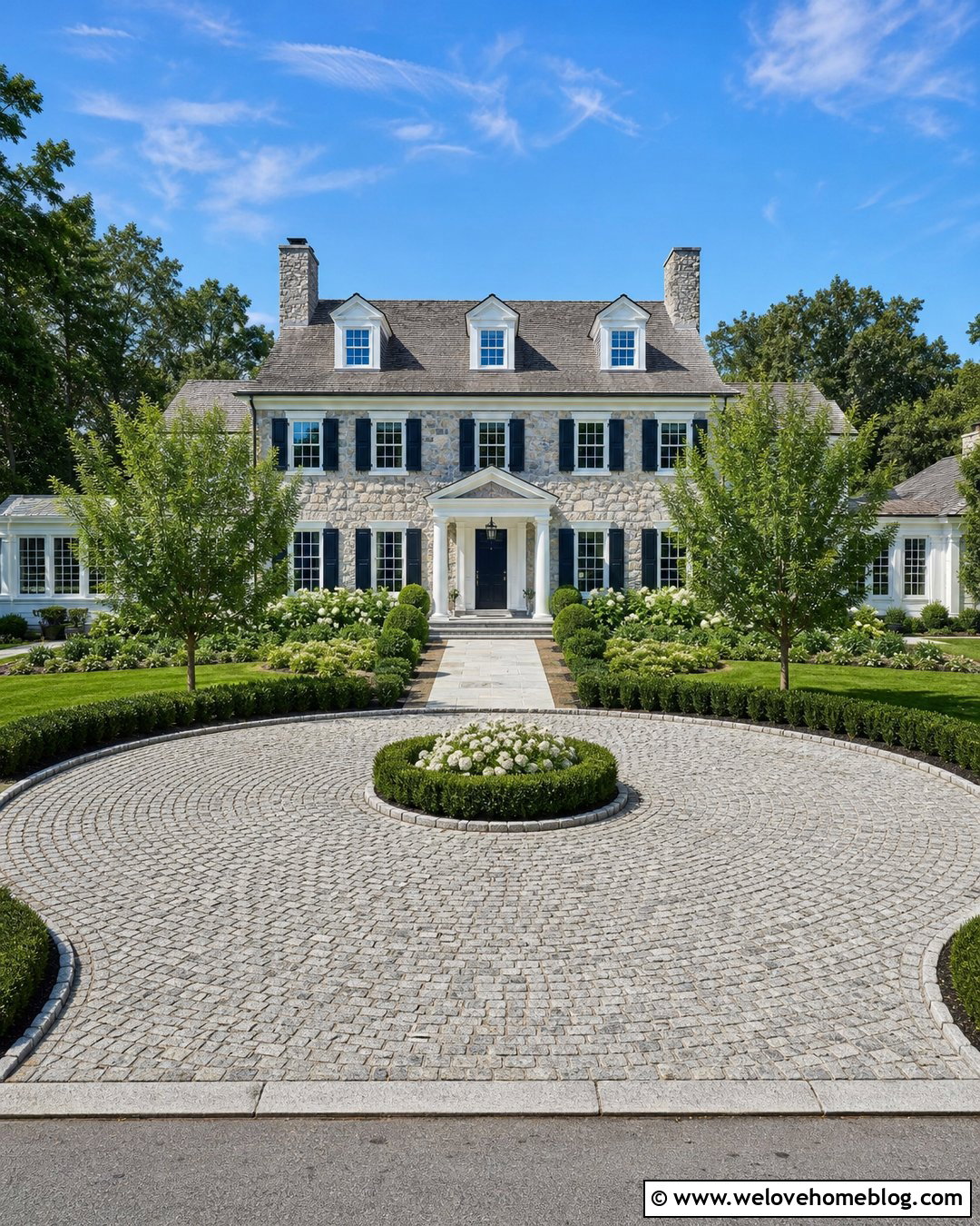 Cobblestone Driveway With Formal Landscaping - 30 Driveway Installation Ideas