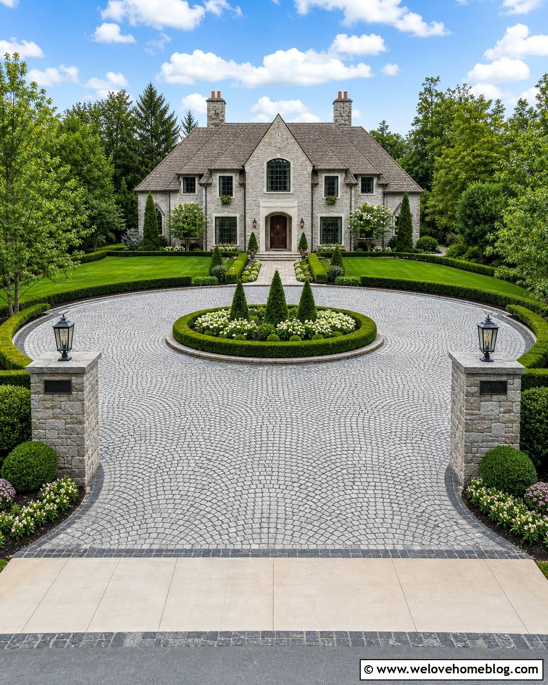 Cobblestone Driveway With Formal Landscaping - 20 large driveway design ideas
