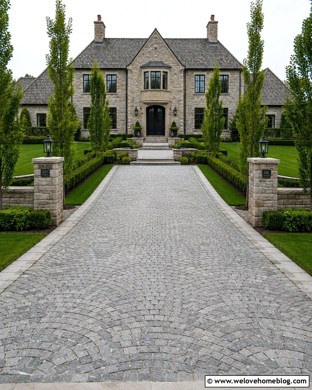Cobblestone Driveway With Formal Landscaping - 20 Nice Driveway Ideas