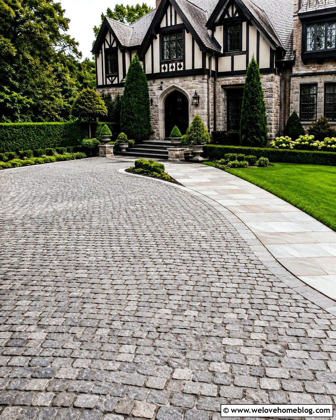 Cobblestone Driveway With Formal Planting - 20 Front Of House Driveway Ideas