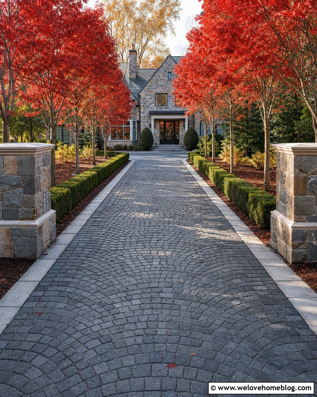 Cobblestone Driveway With Formal Red Maples - 20 Red Maple Tree Lined Driveway Ideas