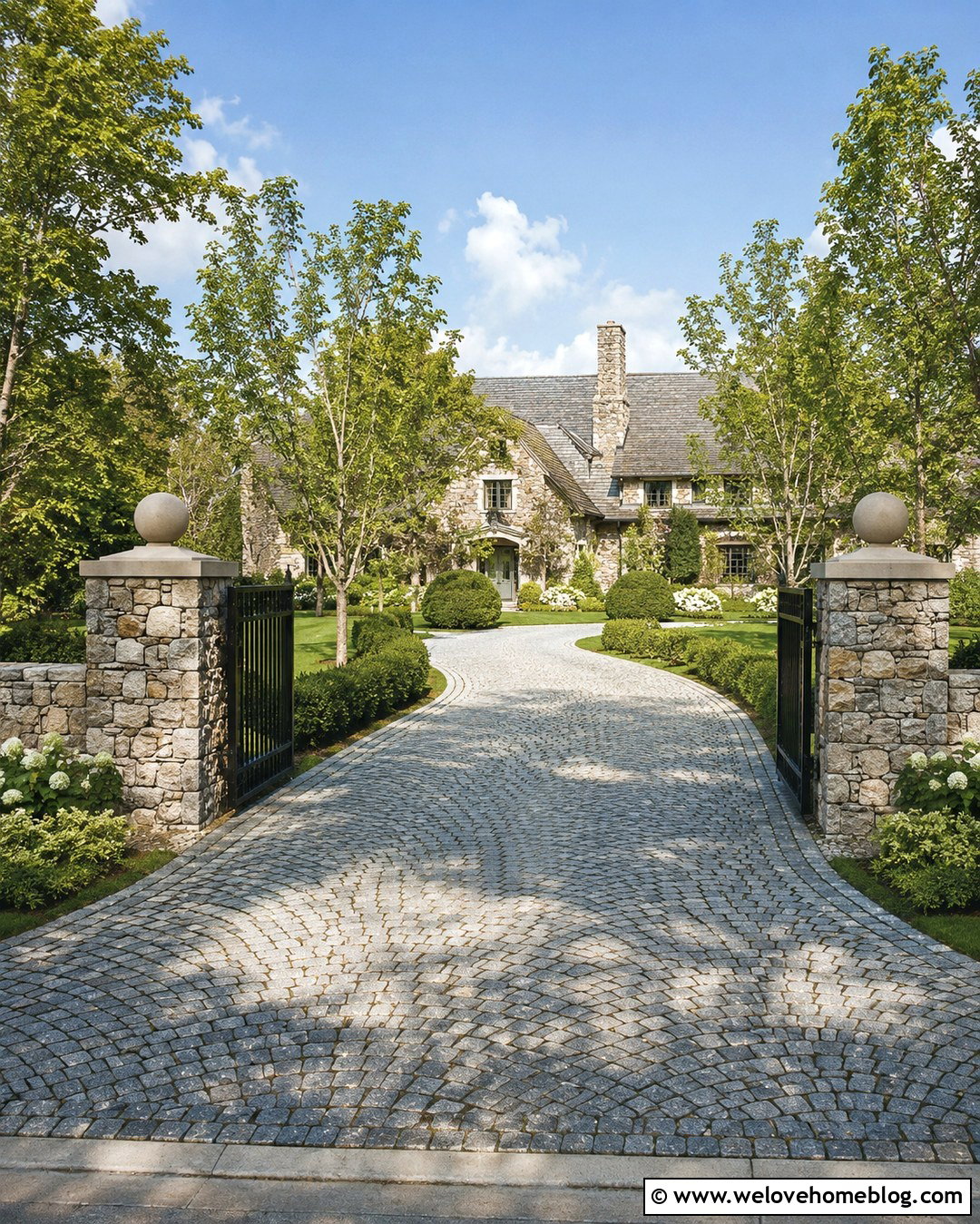 Cobblestone Driveway With Gate Pillars - 20 Large Front Driveway Ideas