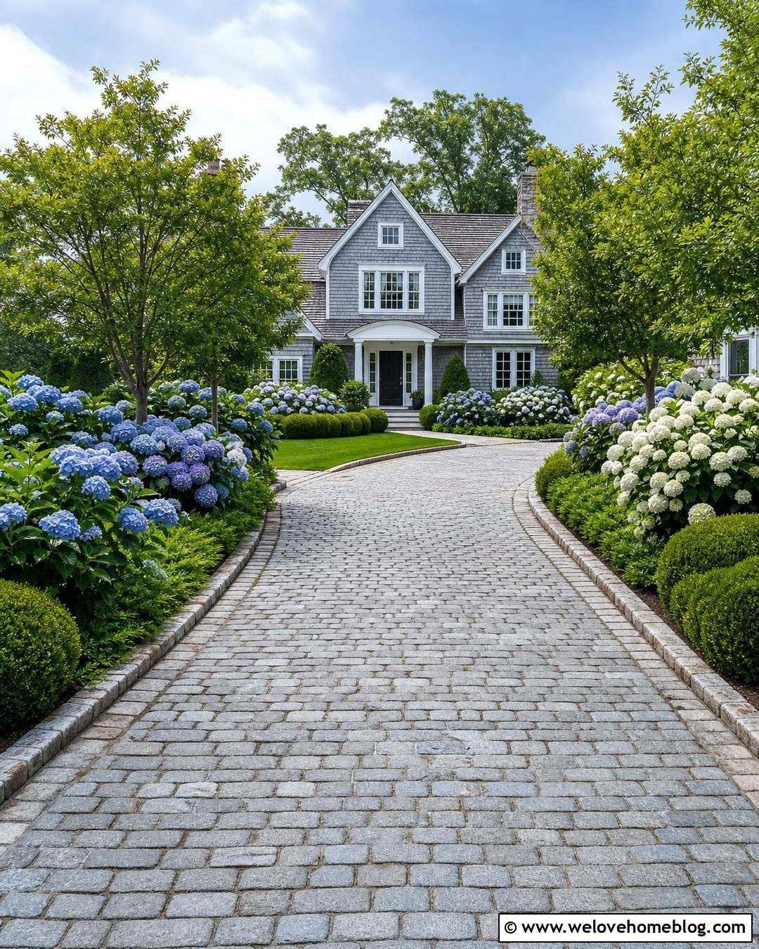 Cobblestone Driveway With Hydrangea Borders - 40 Front Driveway Landscaping Ideas