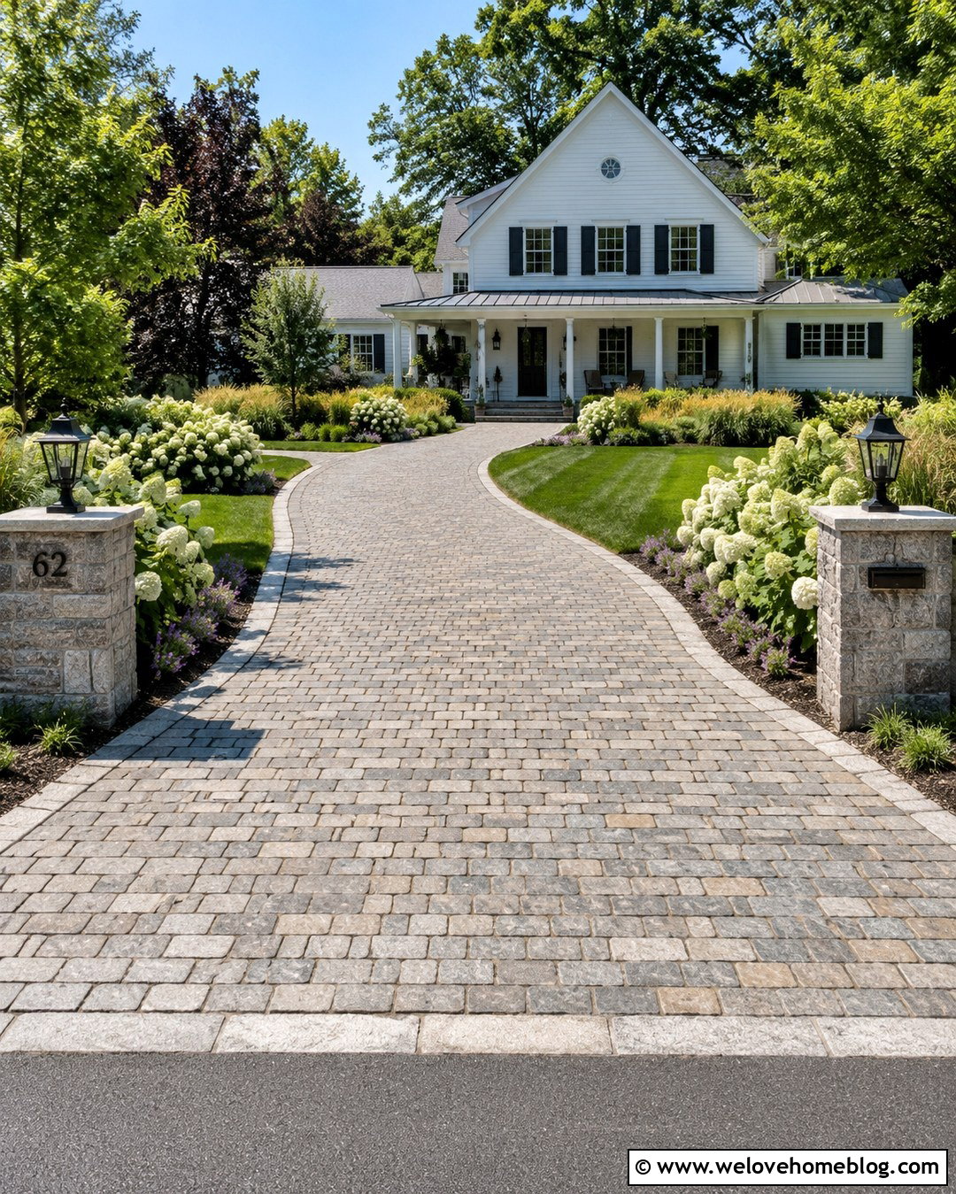 Cobblestone Driveway With Hydrangea Garden