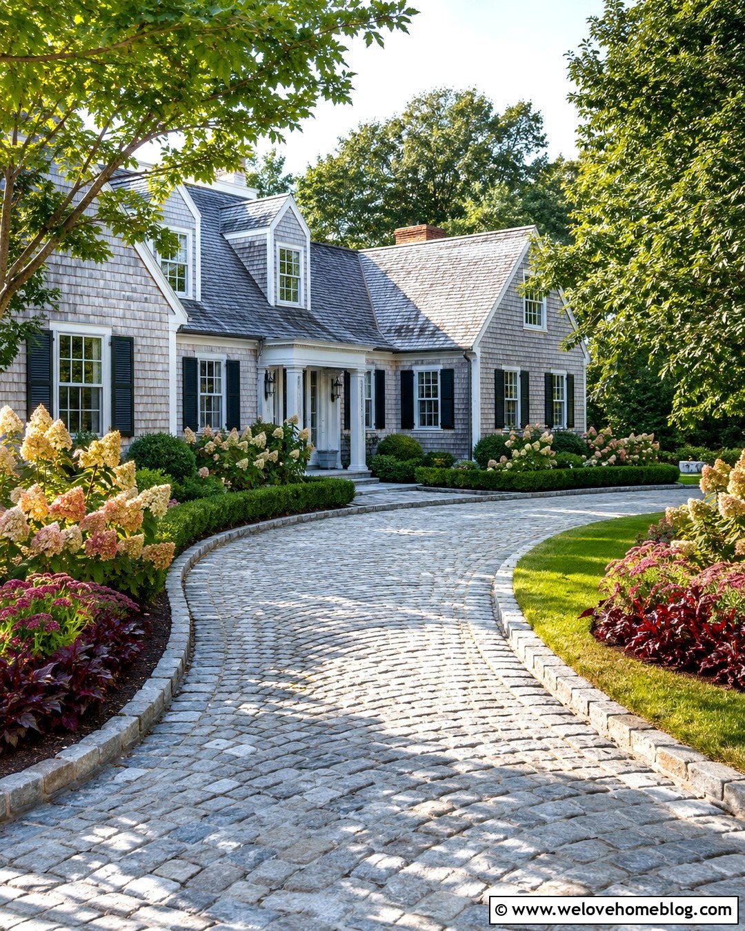 Cobblestone Driveway With Hydrangeas And Boxwood - 20 autumn driveway landscaping ideas