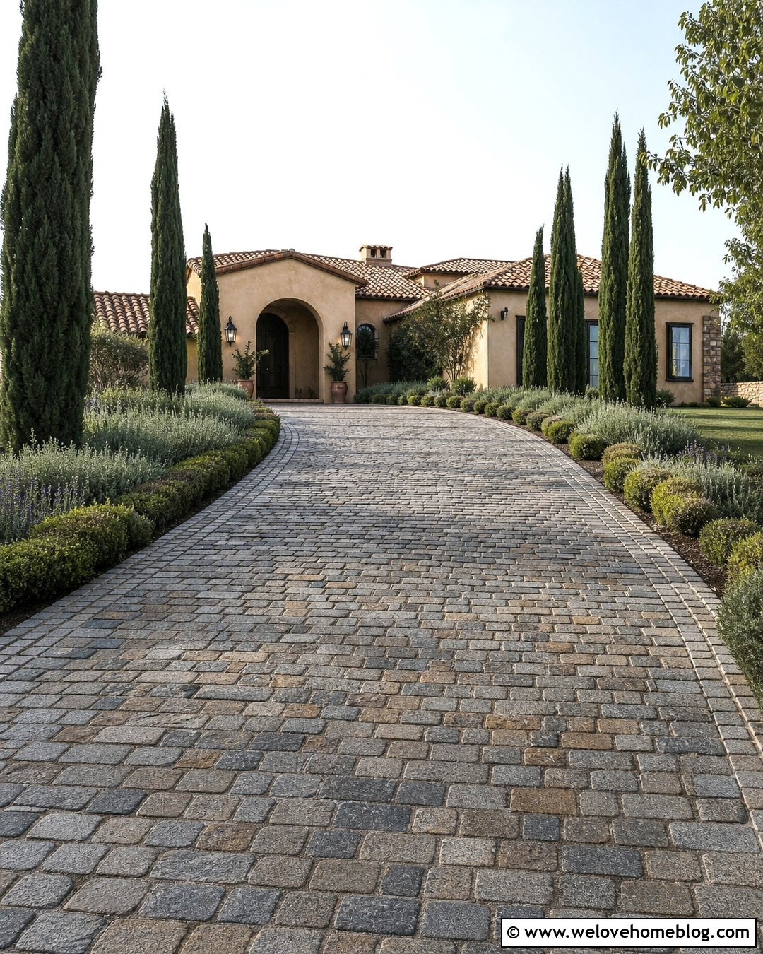 Cobblestone Driveway With Italian Cypress Trees - 20 cypress tree lined driveway ideas