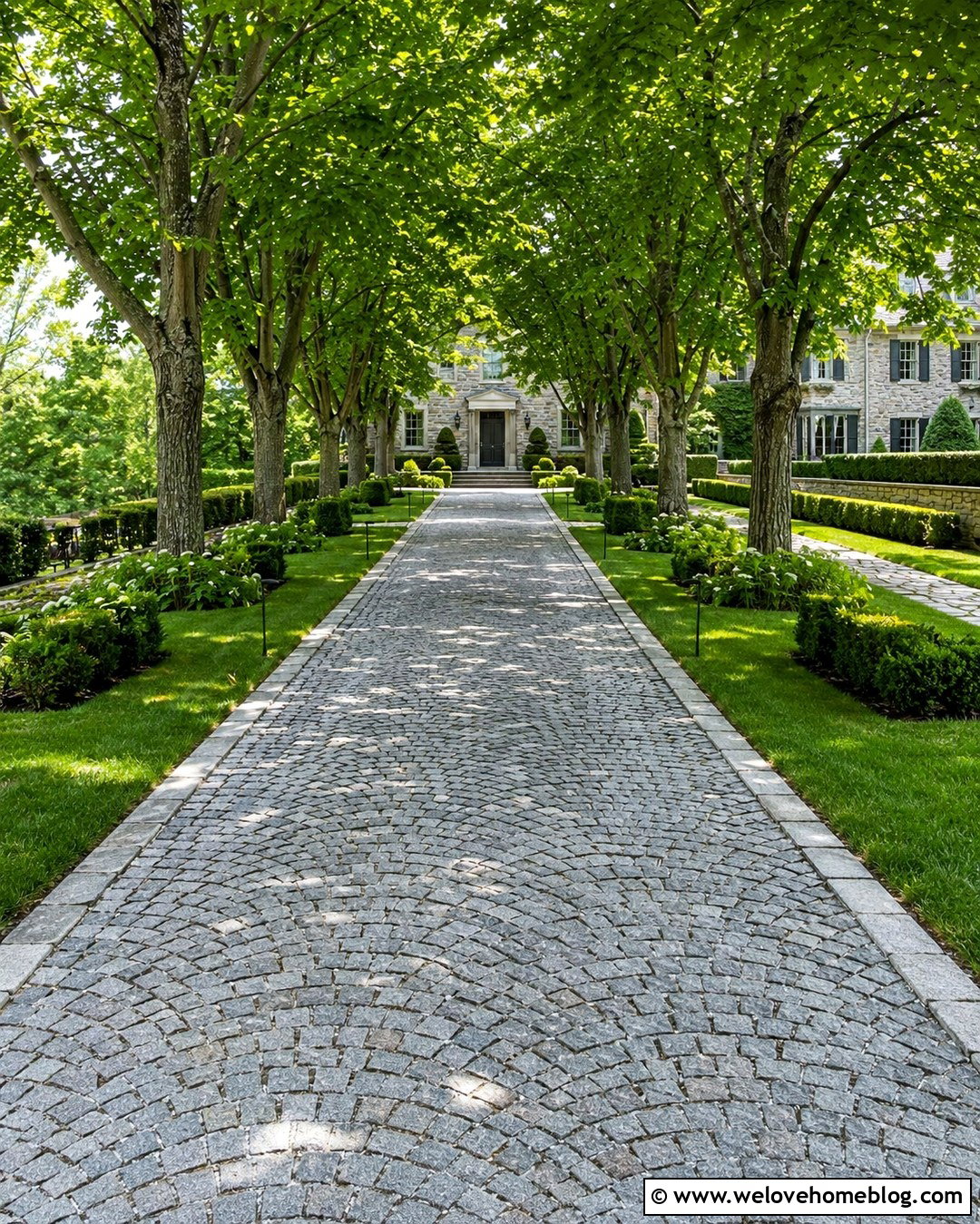 Cobblestone Driveway With Linden Trees - 20 Summer Tree-Lined Driveway Ideas