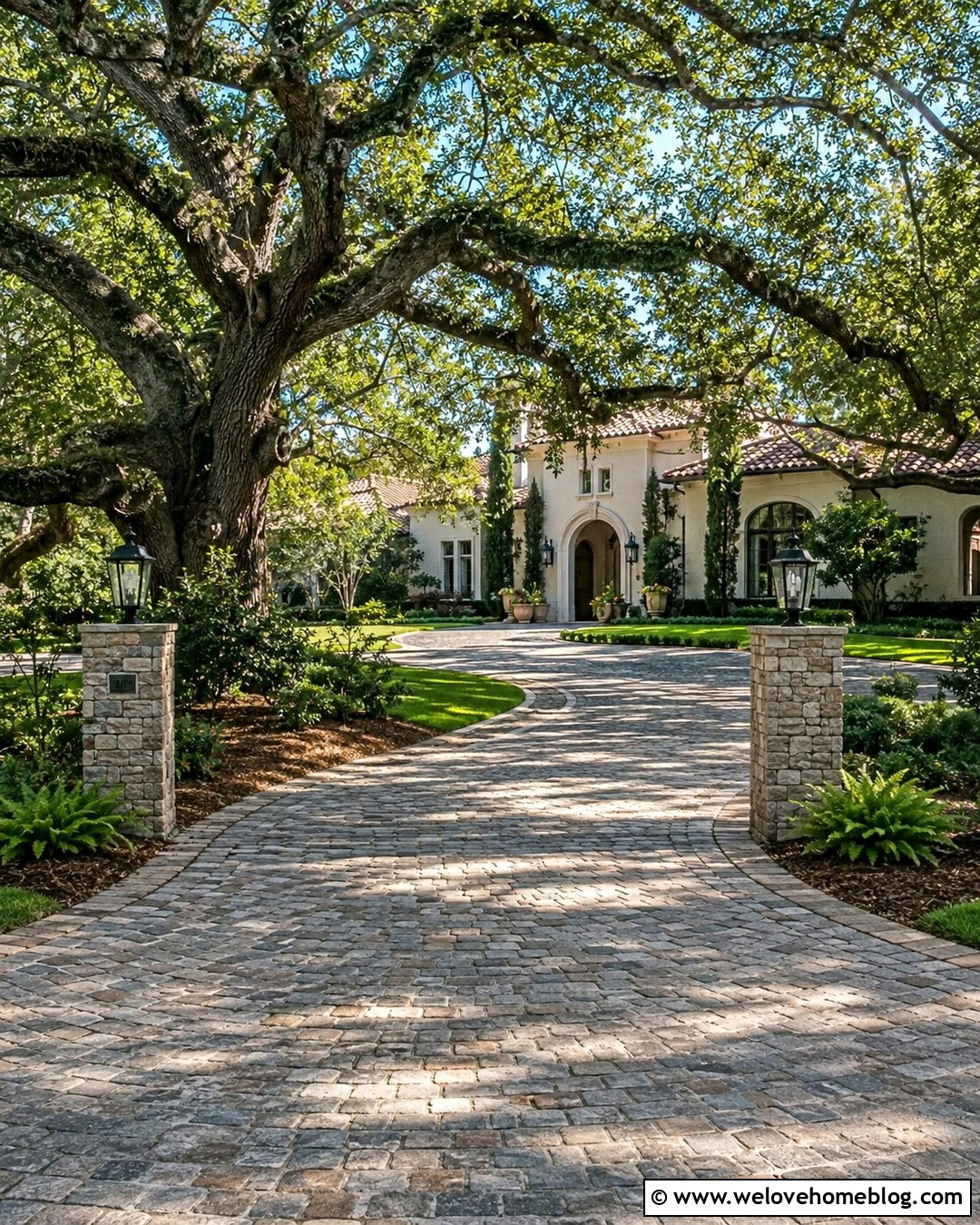 Cobblestone Driveway With Live Oak Canopy - 20 oak tree driveway ideas