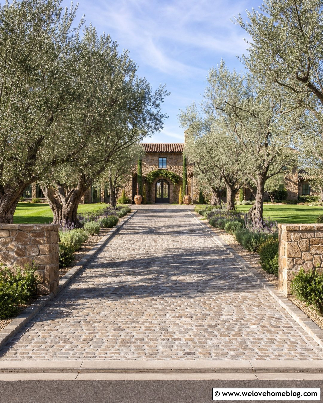 Cobblestone Driveway With Mature Olive Trees - 20 Olive Trees Driveway Ideas