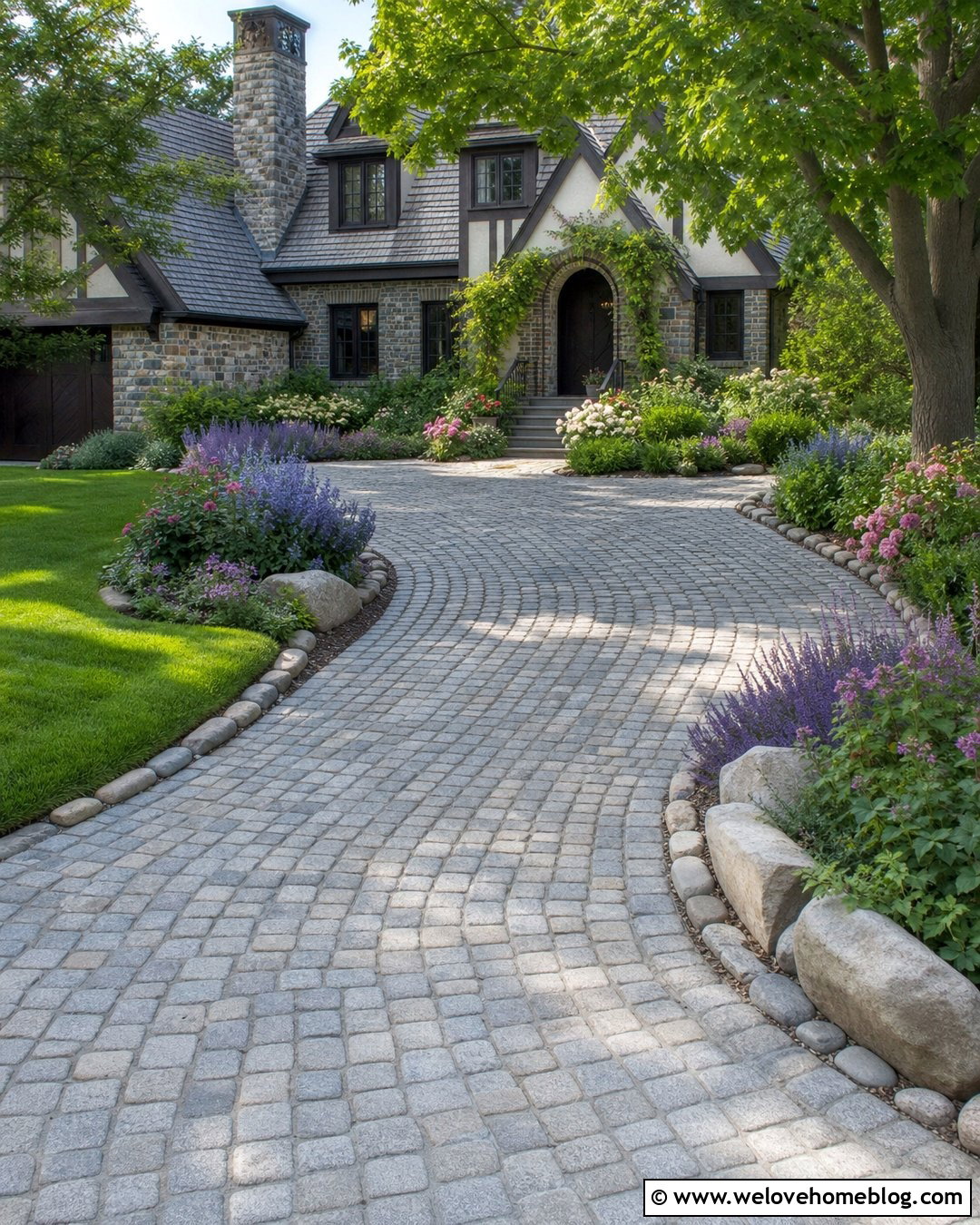 Cobblestone Driveway With River Rock Flower Borders - 20 River Rock Driveway Border Ideas
