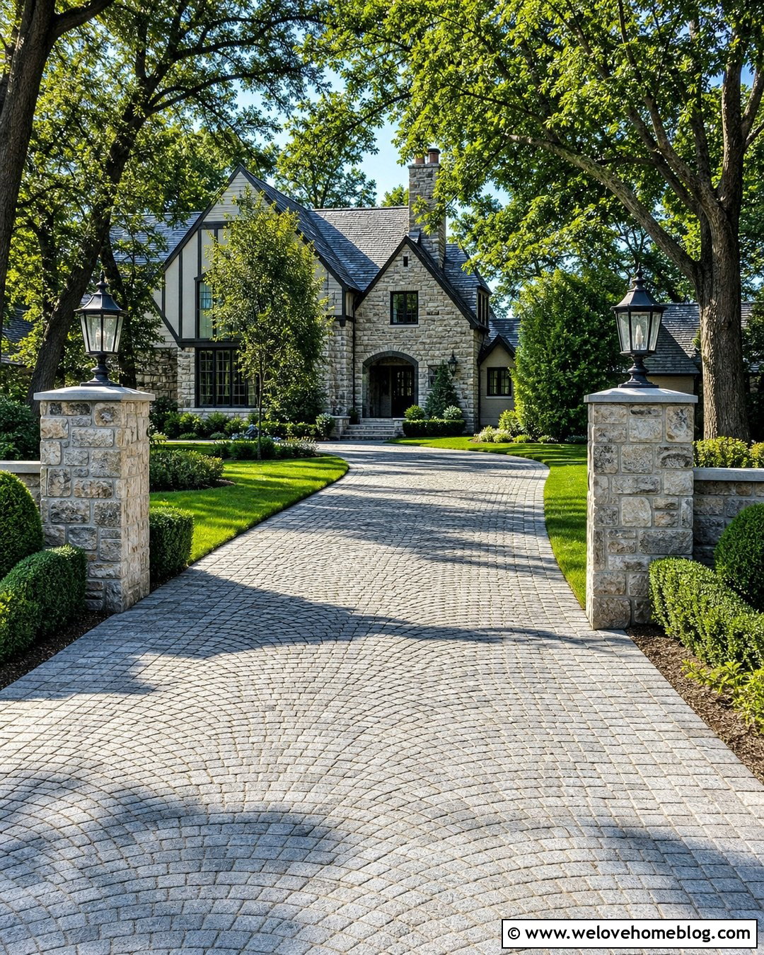 Cobblestone Driveway With Stone Pillars - 20 Driveway Goals Ideas