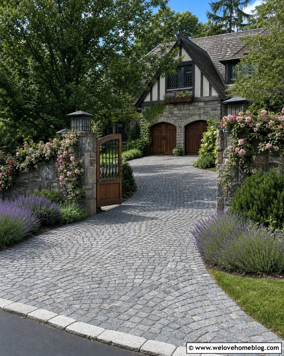 Cobblestone Driveway With Stone Wall And Wood Gate - 20 Driveway Front Yard Fence Gate Garage Doors Ideas