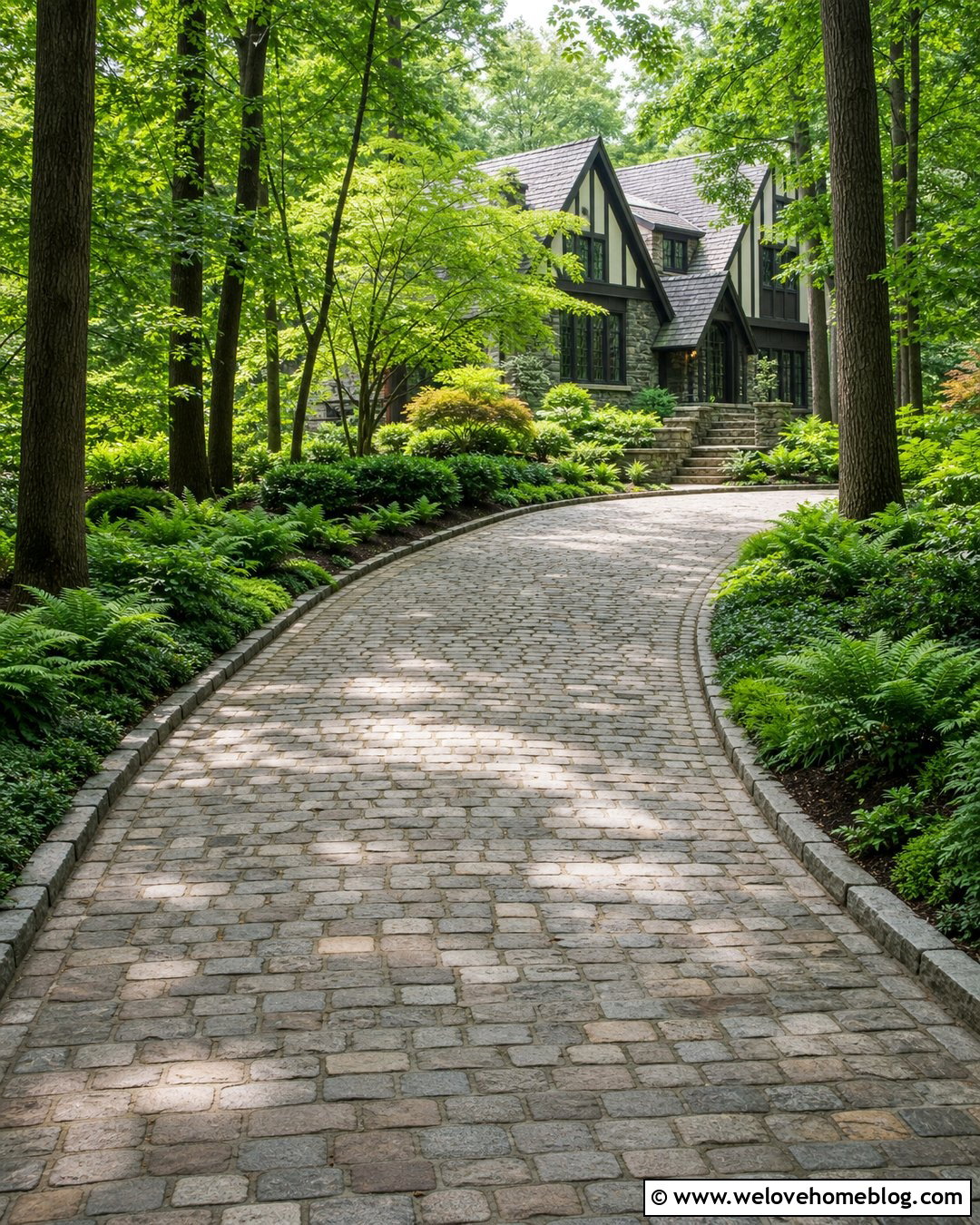 Cobblestone Driveway With Woodland Landscaping - 25 Landscape Driveway Ideas