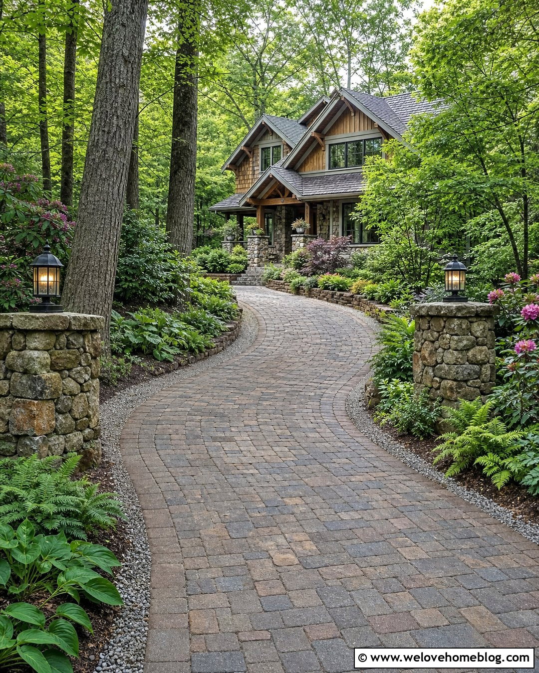 Cobblestone Driveway With Woodland Planting - 25 long driveway landscaping entrance ideas