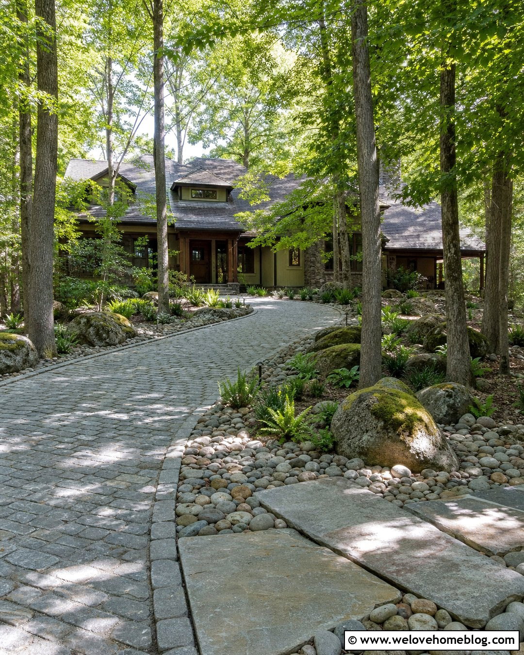 Cobblestone Driveway With Woodland River Rock - 20 river rock along driveway ideas