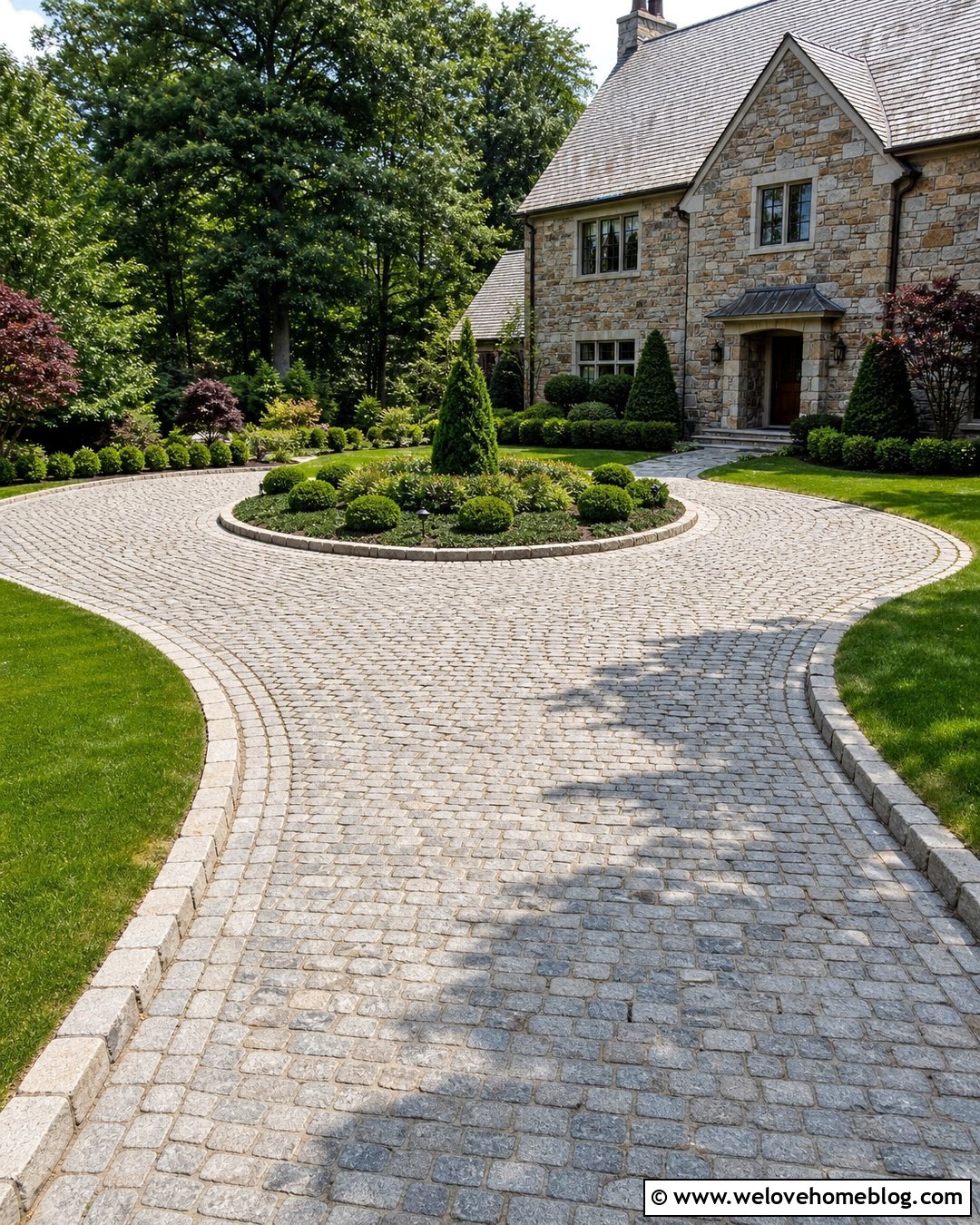 Cobblestone Horseshoe Driveway With Evergreen Landscaping - 20 driveway landscape for horseshoe ideas