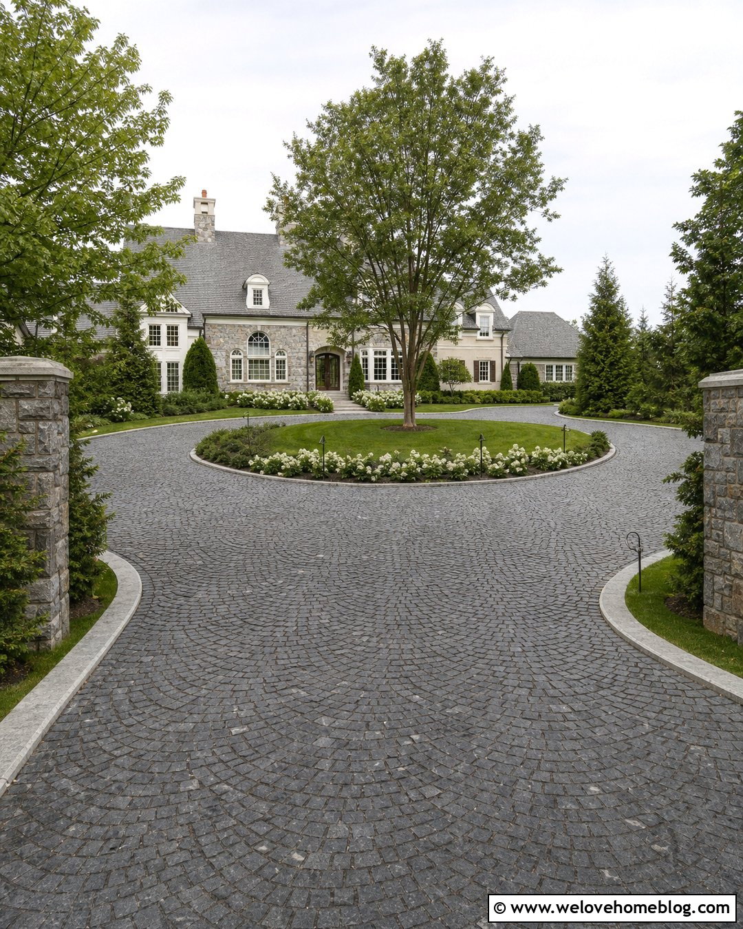 Cobblestone Horseshoe Driveway With Gate Pillars and Lighting - 20 driveway landscape for horseshoe ideas