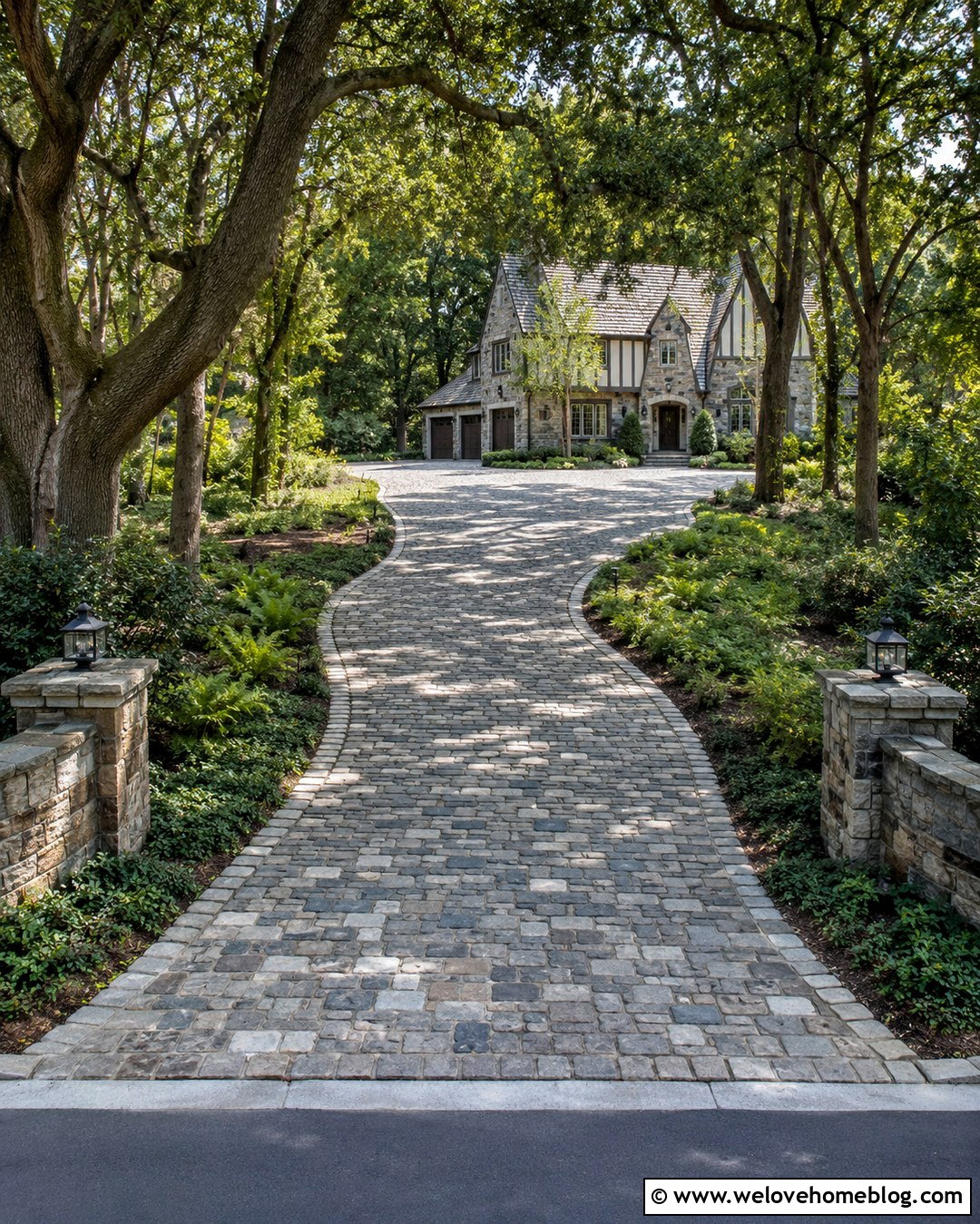 Cobblestone Long Winding Driveway Through Mature Trees - 20 Long Winding Driveway Ideas