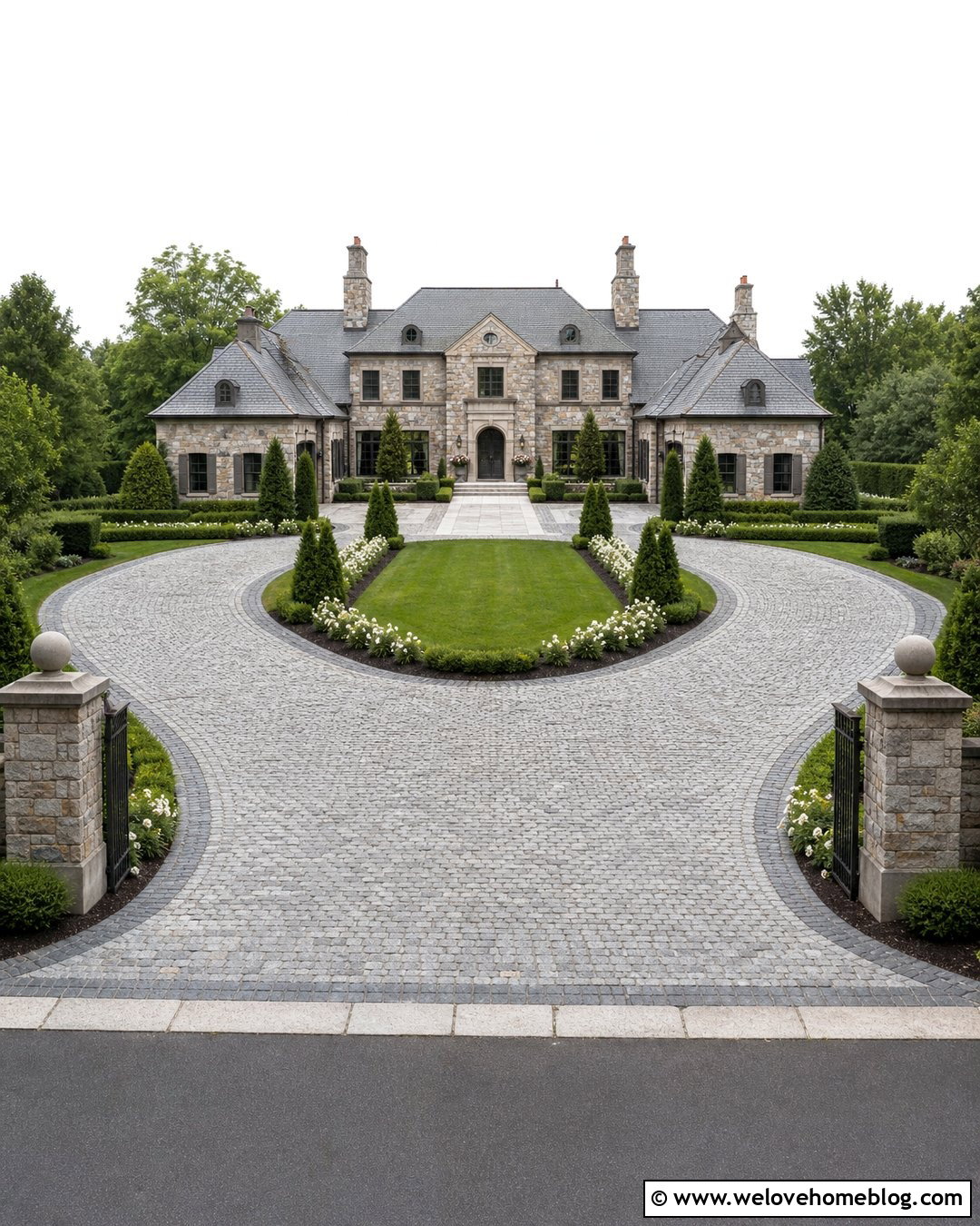 Cobblestone Loop Driveway With Formal Hedges - 25 Loop Driveway Ideas