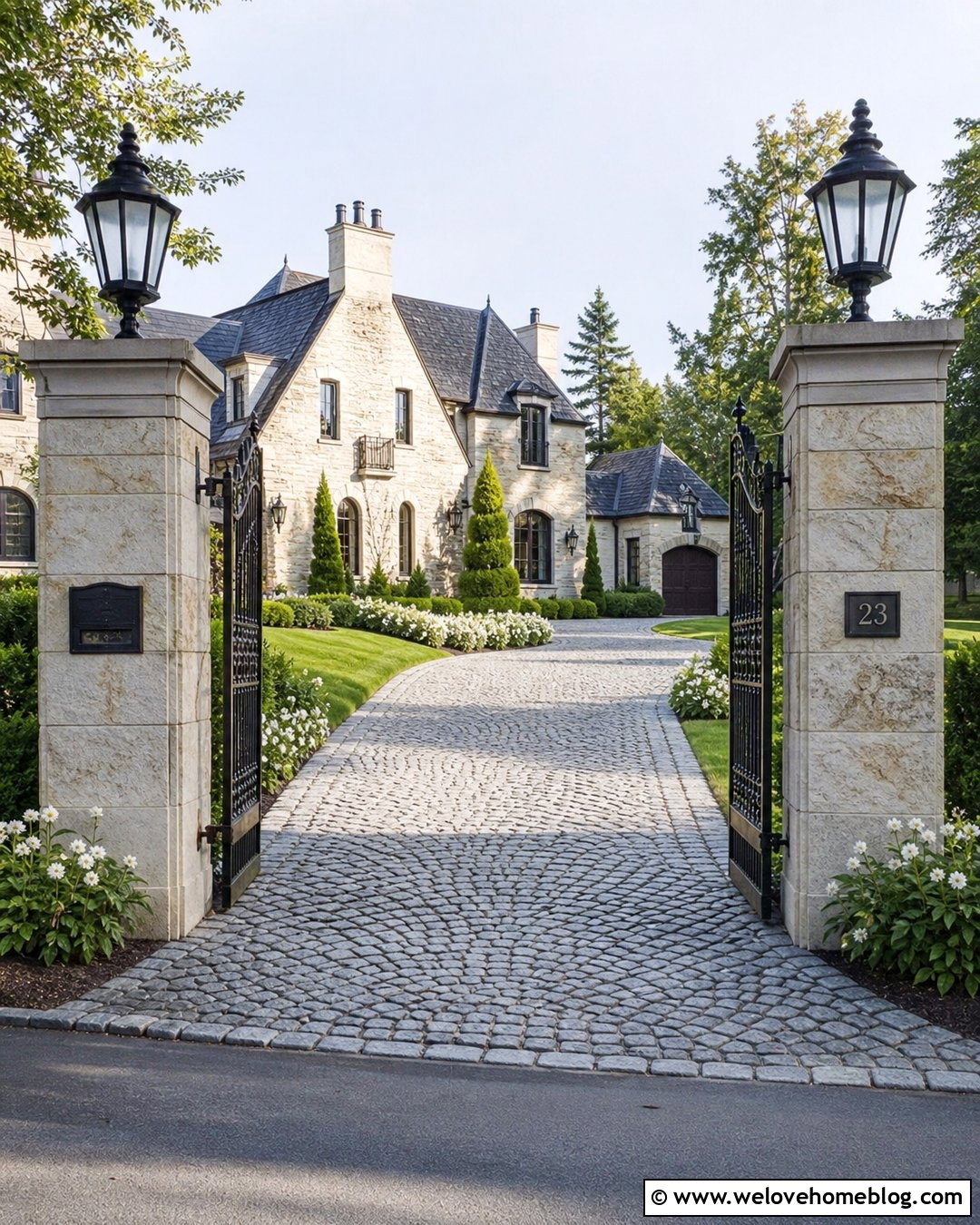Cobblestone Mansion Driveway With Stone Pillars - 20 Big Mansion Driveway Ideas