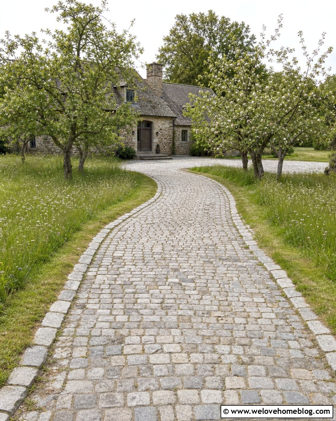 Cobblestone Orchard Driveway With Plum Trees - 20 Orchard Driveway Ideas