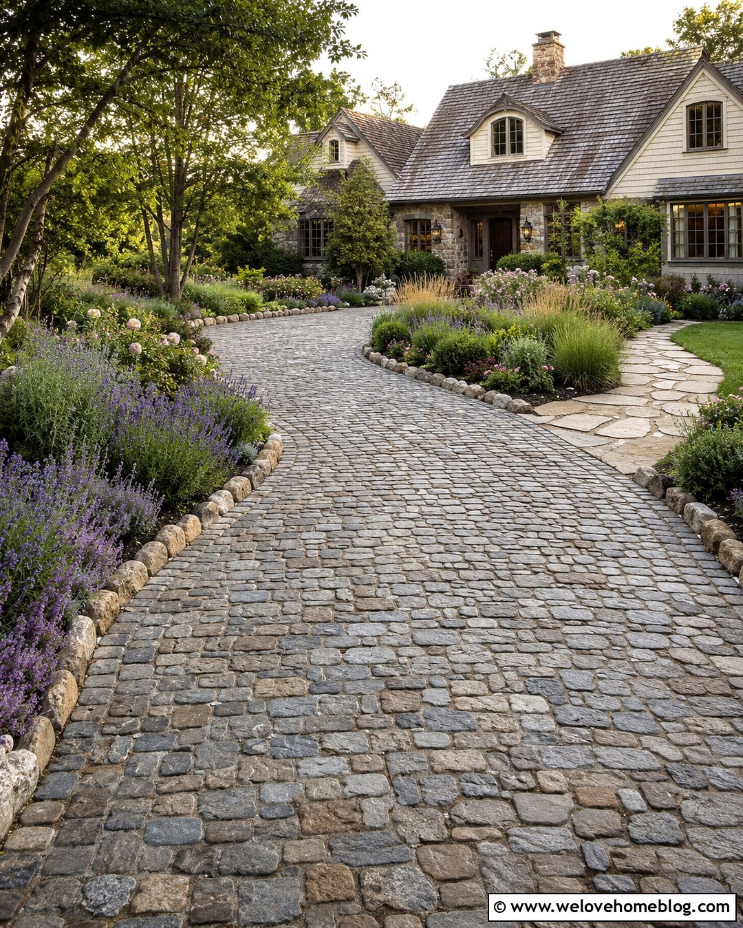 Cobblestone Paved Driveway With Cottage House - 20 Paved Driveway With House Ideas
