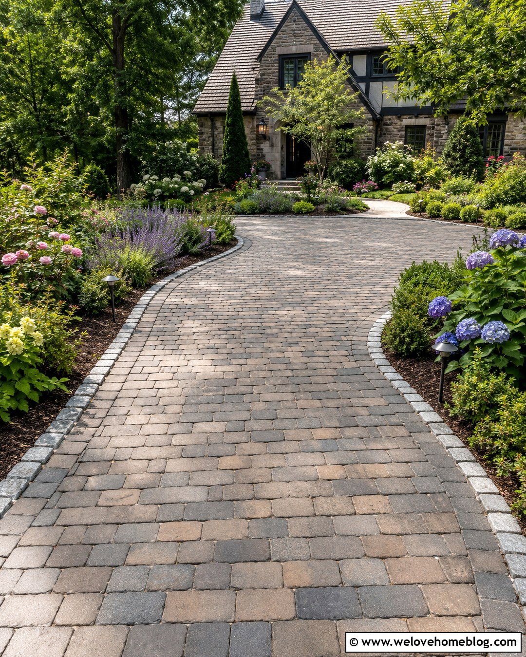 Cobblestone Paver Driveway With Cottage Garden - 20 paver driveways ideas