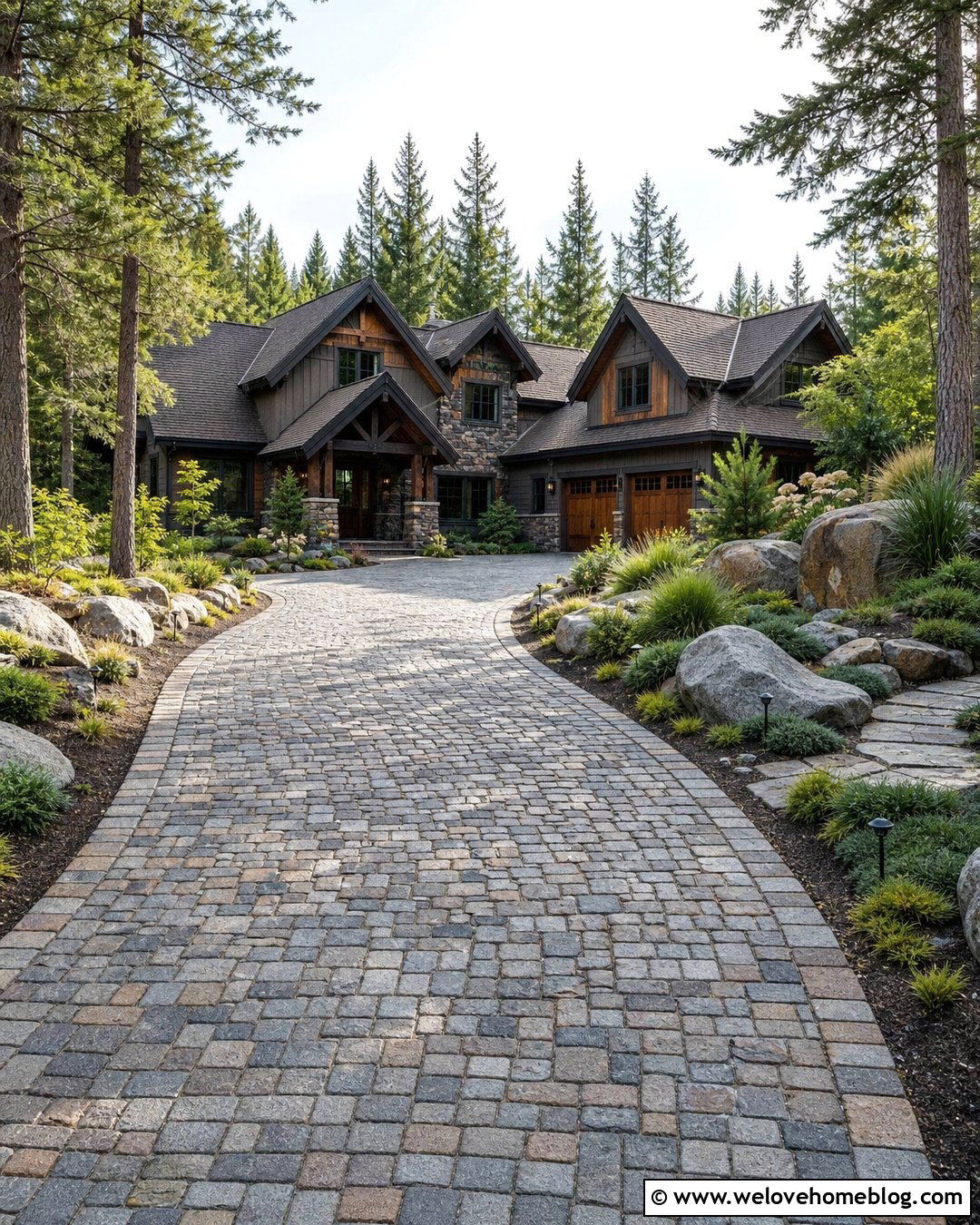 Cobblestone Paver Driveway With Natural Boulder Beds - 20 rock and paver driveway ideas