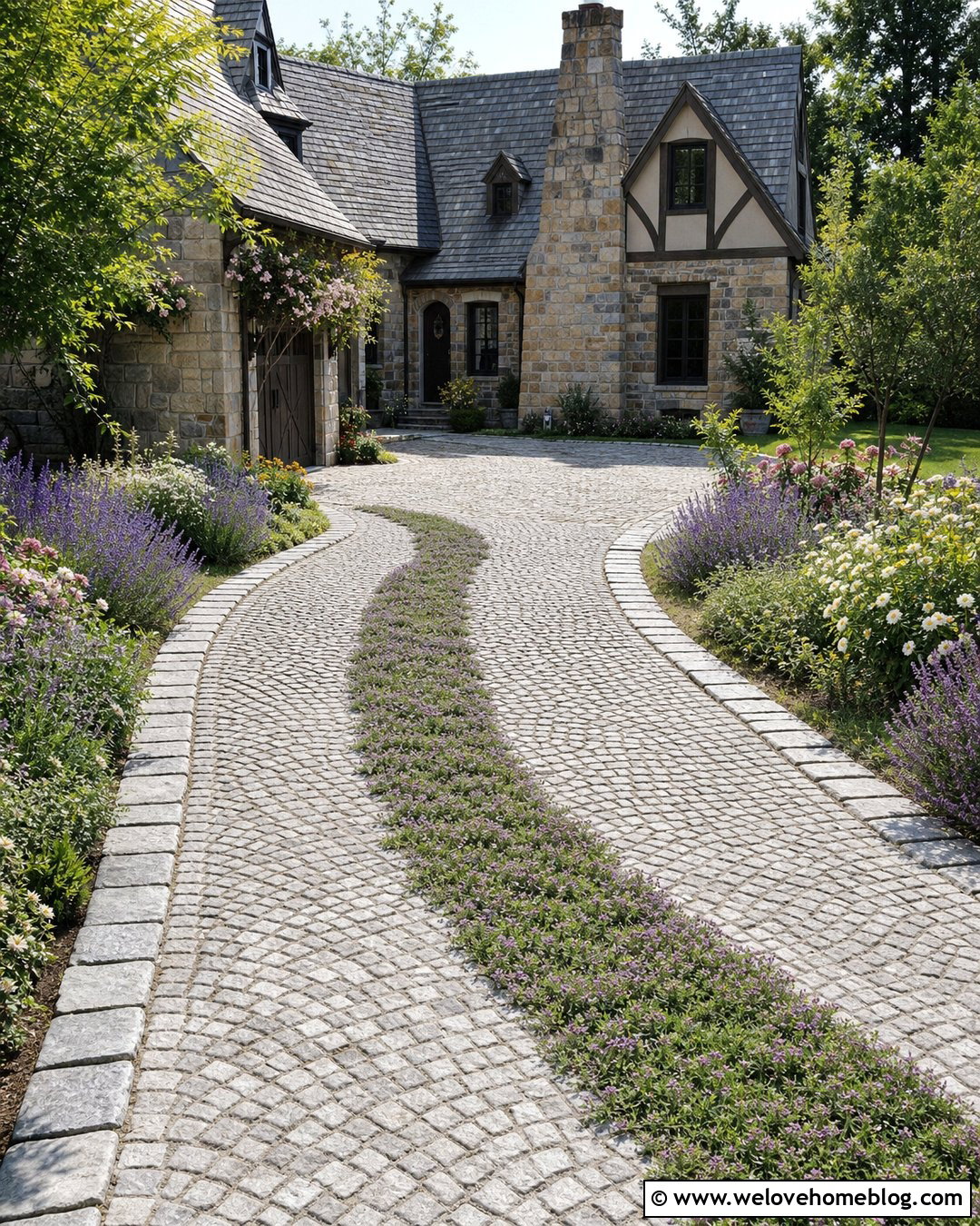 Cobblestone Paver Ribbon Driveway With Thyme Center - 20 Ribbon Driveway Pavers Ideas