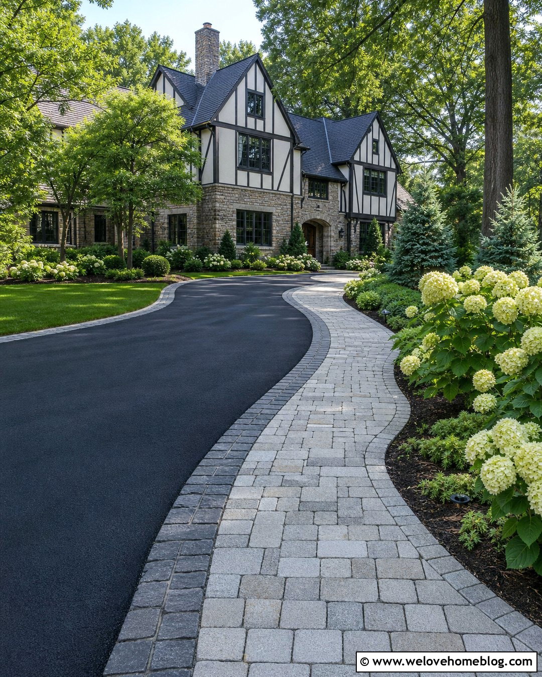 Cobblestone Pavers Beside a Curved Asphalt Driveway - 20 Pavers Beside Driveway Ideas
