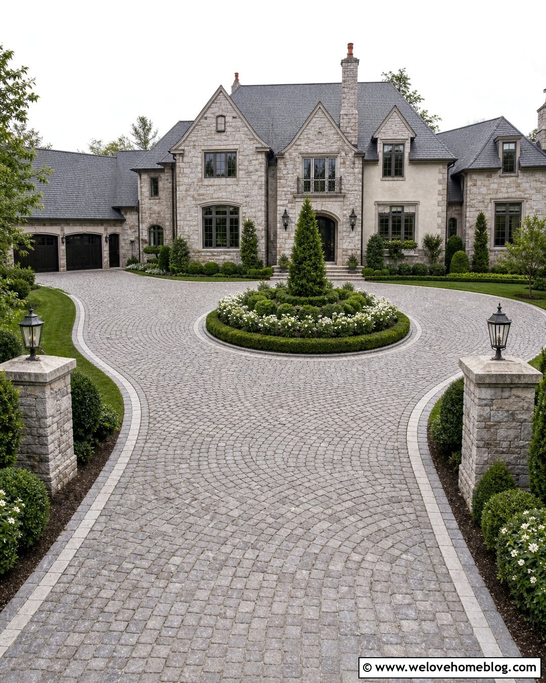 Cobblestone Round Driveway With Formal Landscaping - 30 Round Driveway Ideas
