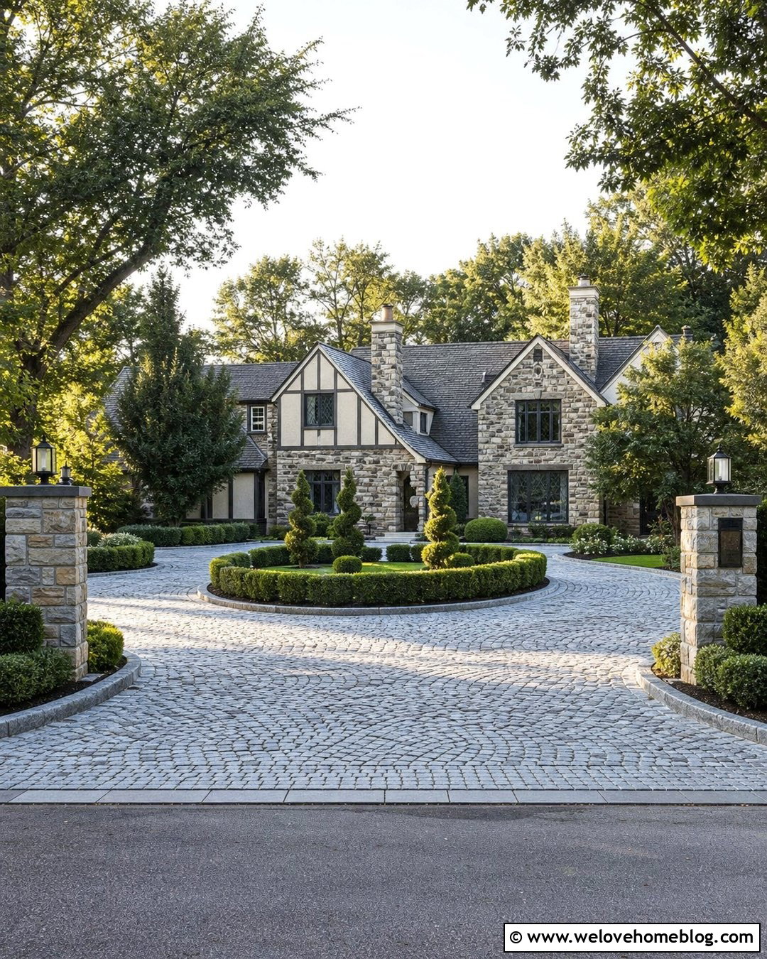 Cobblestone Roundabout Driveway With Formal Hedges - 35 Round About Driveway Ideas