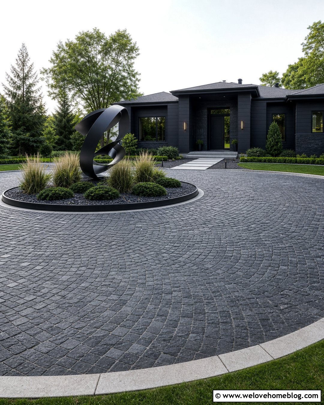 Cobblestone Roundabout Driveway With Modern Sculpture - 35 Round About Driveway Landscaping Ideas