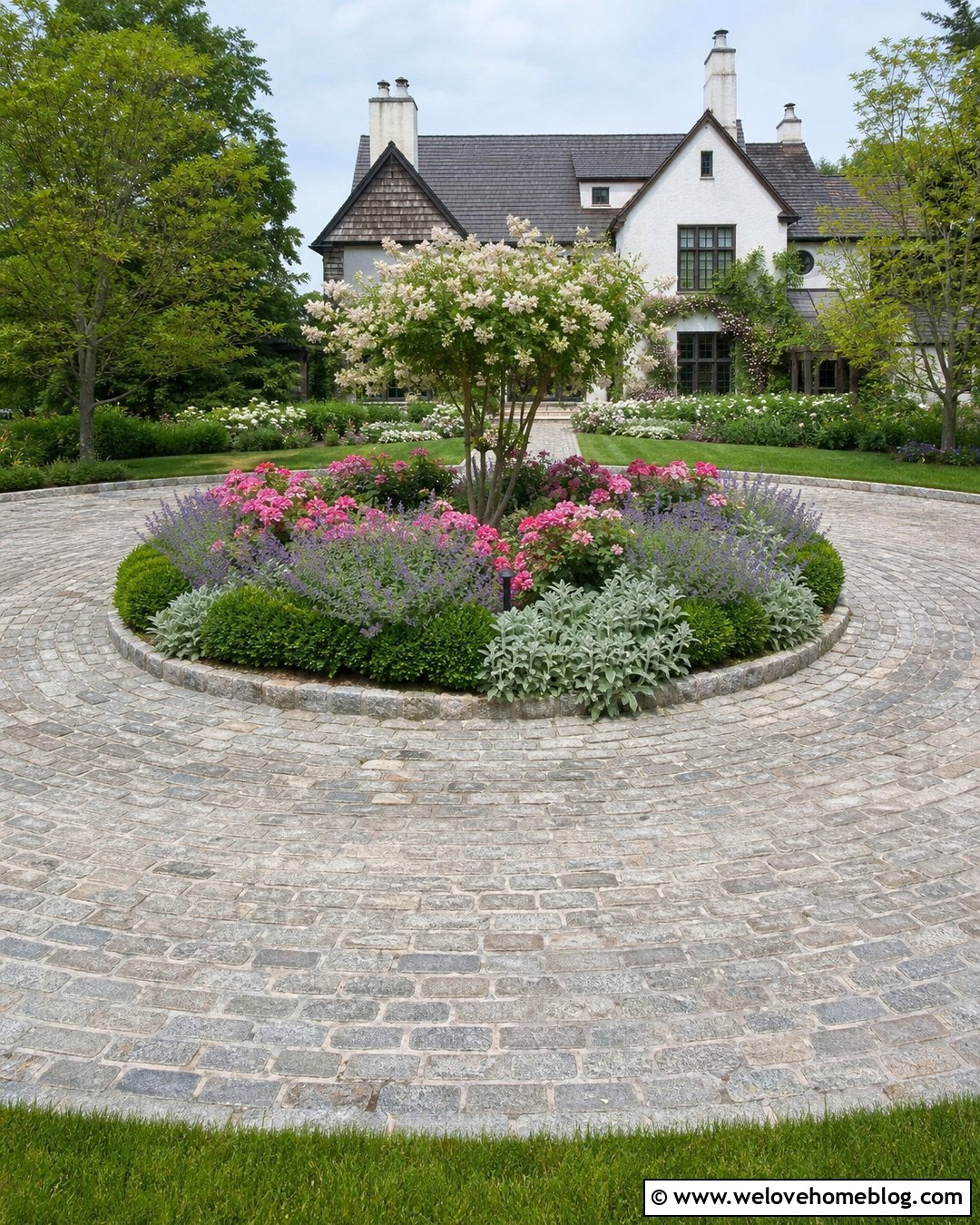 Cobblestone Roundabout Driveway With Rose Garden - 20 roundabout driveway landscaping ideas
