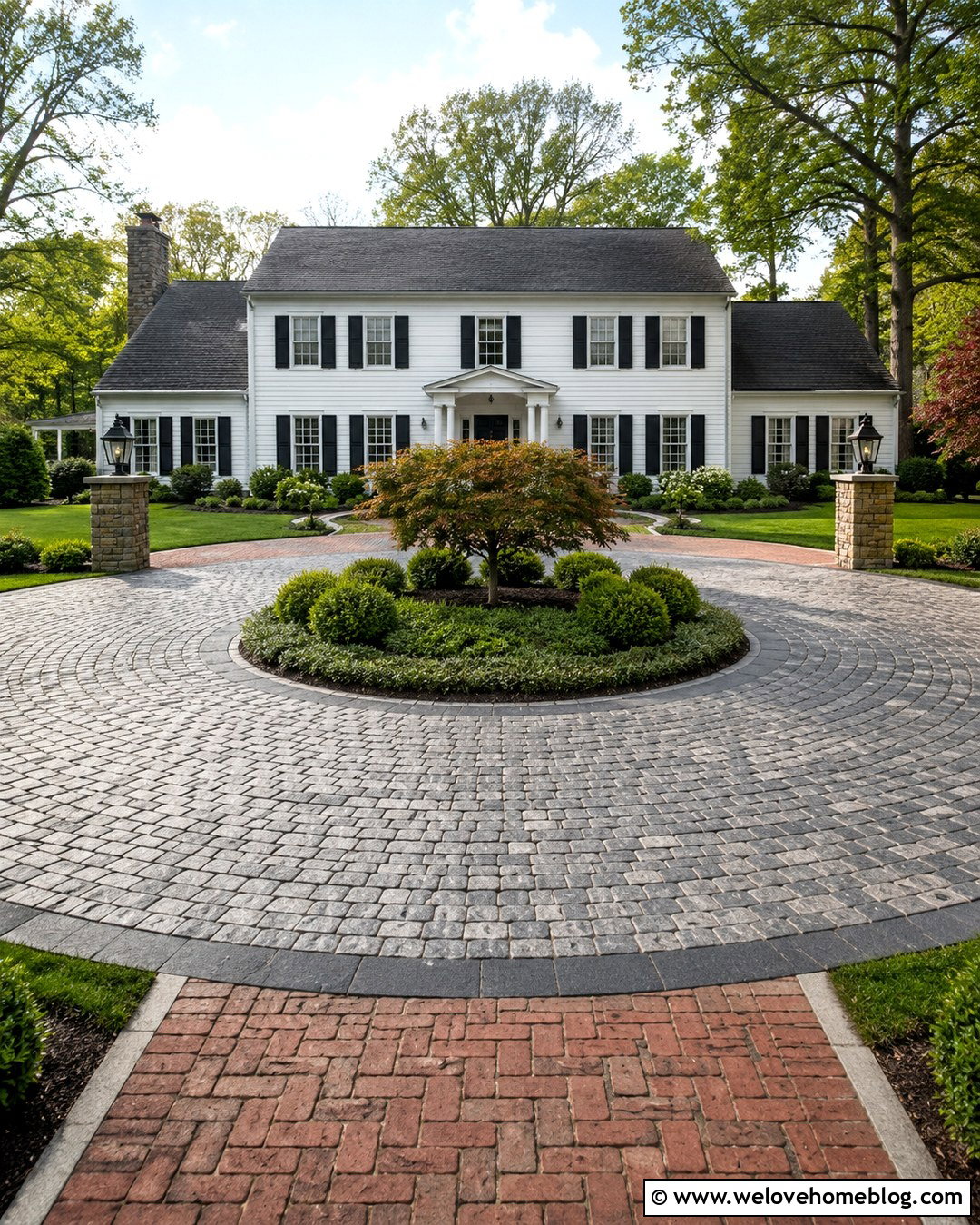 Cobblestone Stamped Concrete Circular Driveway - 20 Driveway Stamping Ideas