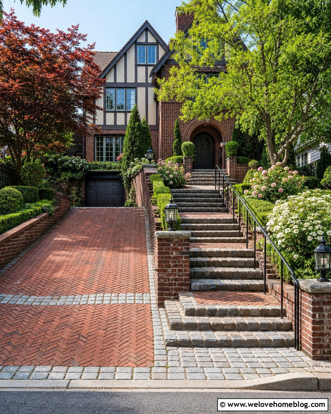 Cobblestone Steps Beside a Brick Driveway - 20 Steep Driveway Steps Ideas