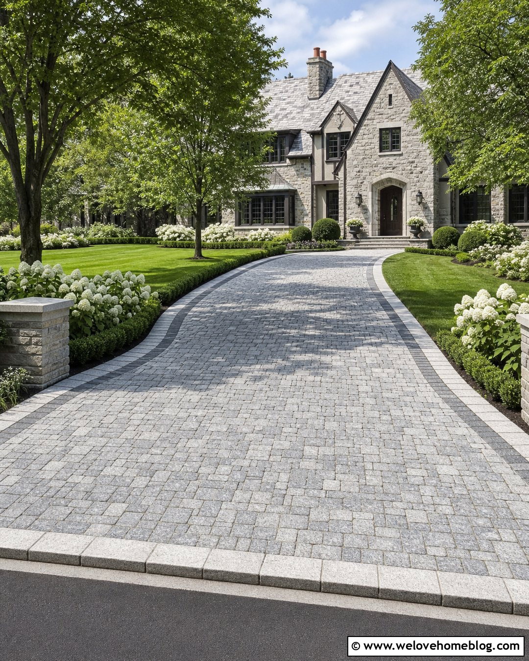 Cobblestone Tire Track Driveway With Lawn Center