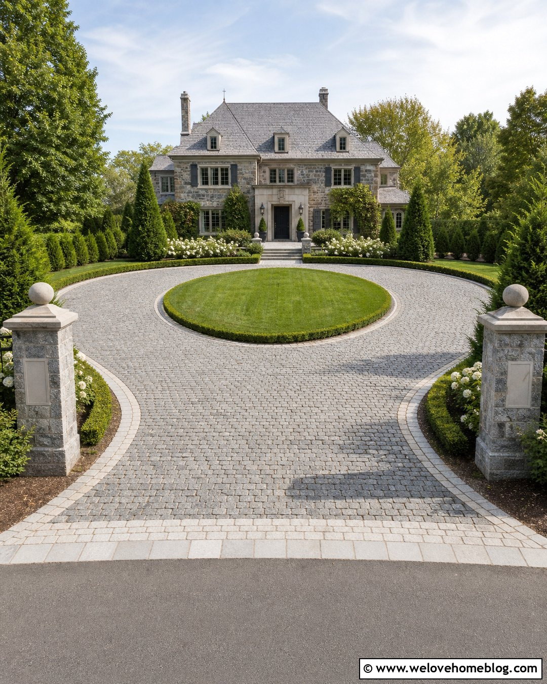 Cobblestone U Shaped Driveway With Formal Gardens - 25 U Driveway Front Yards Ideas