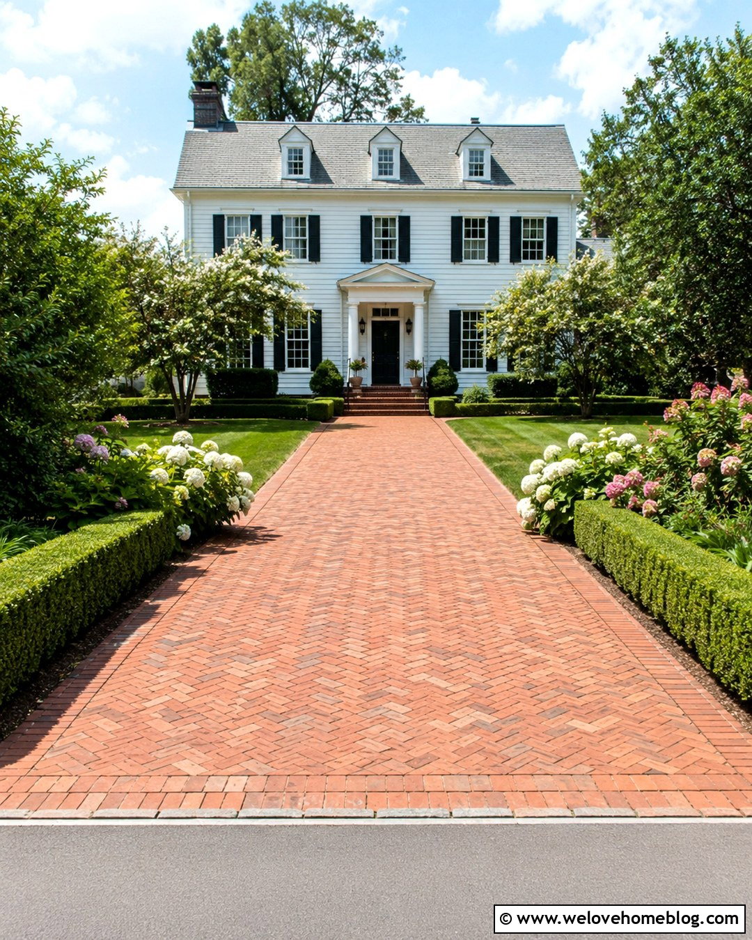 Colonial Brick Driveway With Boxwood Borders - 20 Planted Driveway Ideas