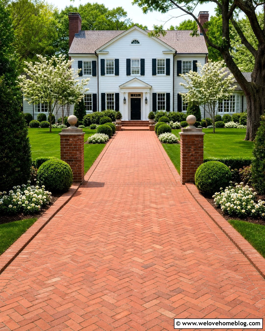 Colonial Brick Driveway With Symmetrical Landscaping - 35 home driveway ideas